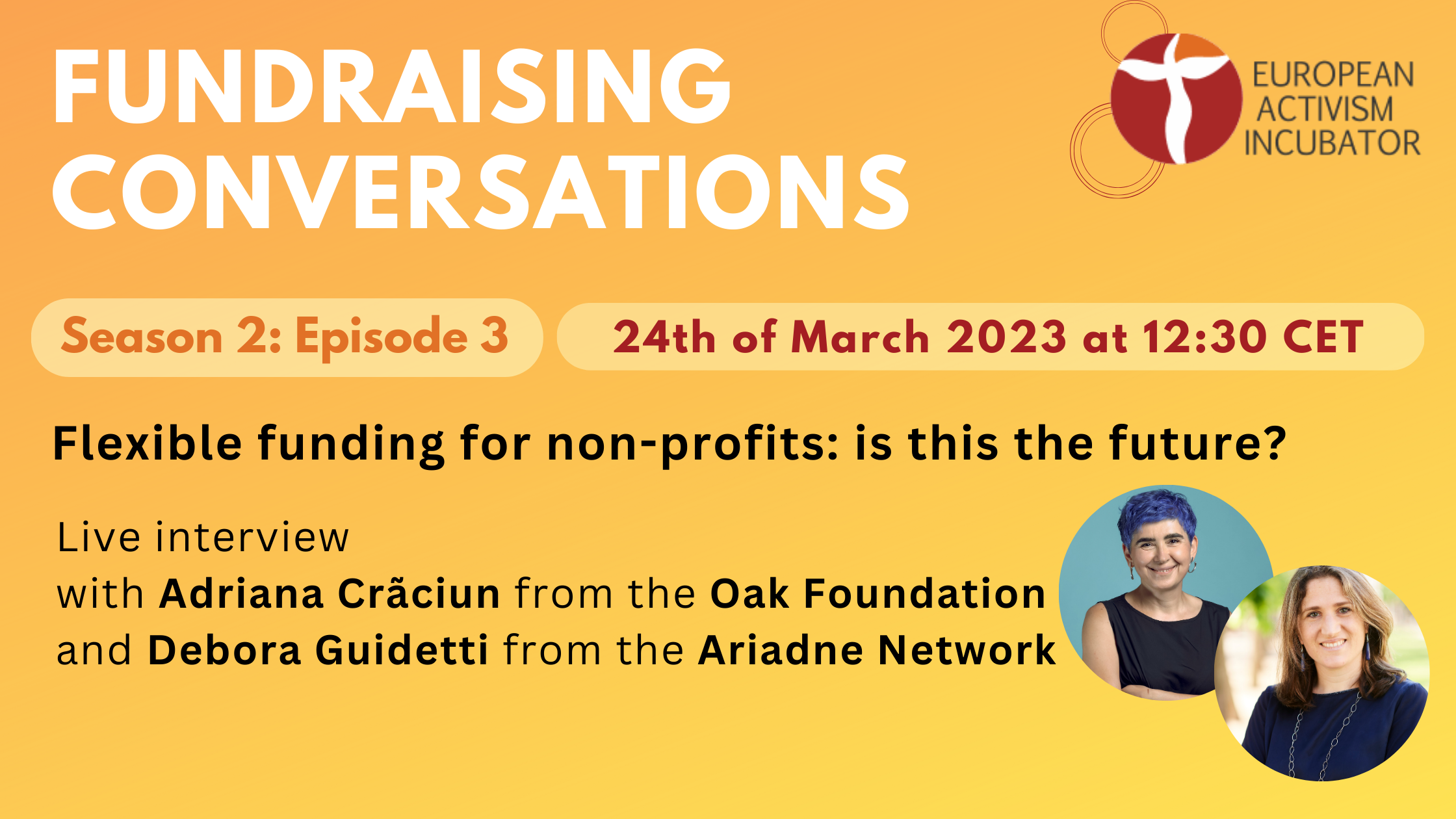 Flexible Funding for Non-Profits: Is this the future? – live interview with Adriana Crãciun from the Oak Foundation and Debora Guidetti from the Ariadne Network.